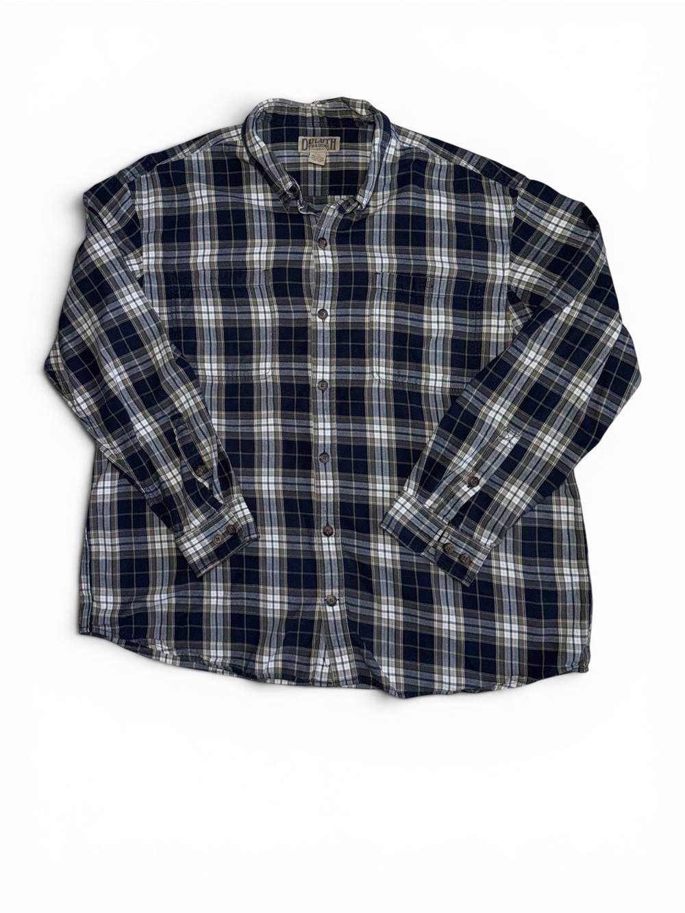 Duluth Trading Co Plaid Button Down Shirt 2XL Blue Gray Cotton Long Sleeve Work